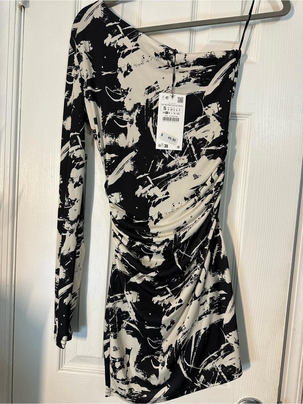 Zara Black & White One-Shoulder Ruched Mini Dress